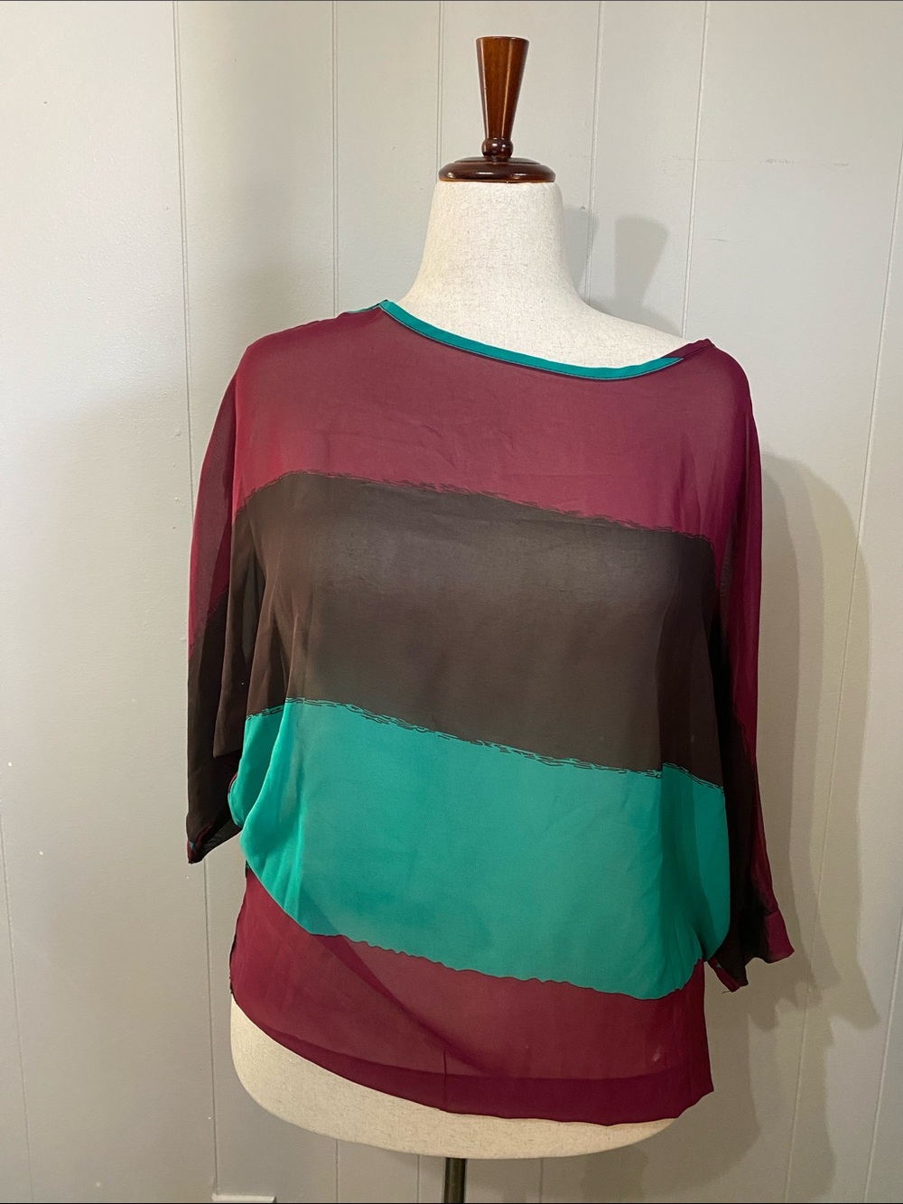 Colorblock Sheer Boatneck Top - Teal, Burgundy & Black